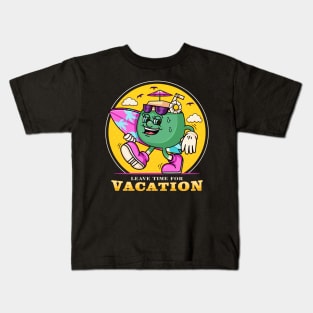 Vacation, cartoon mascots drink young coconuts while carrying surfboards Kids T-Shirt